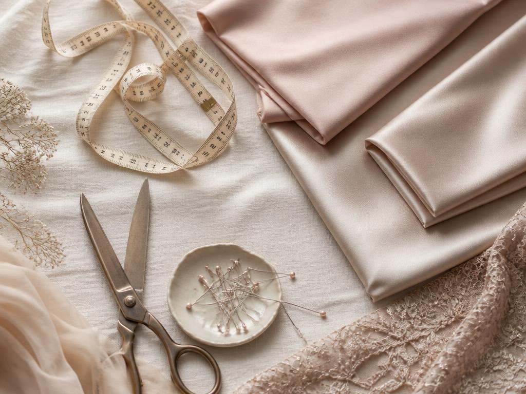 Soft measuring tape with blush and champagne fabrics and fine tailoring details