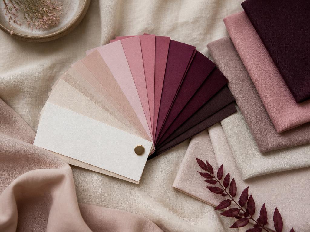 Professional colour swatch fan in cream, blush and burgundy with coordinating fabrics