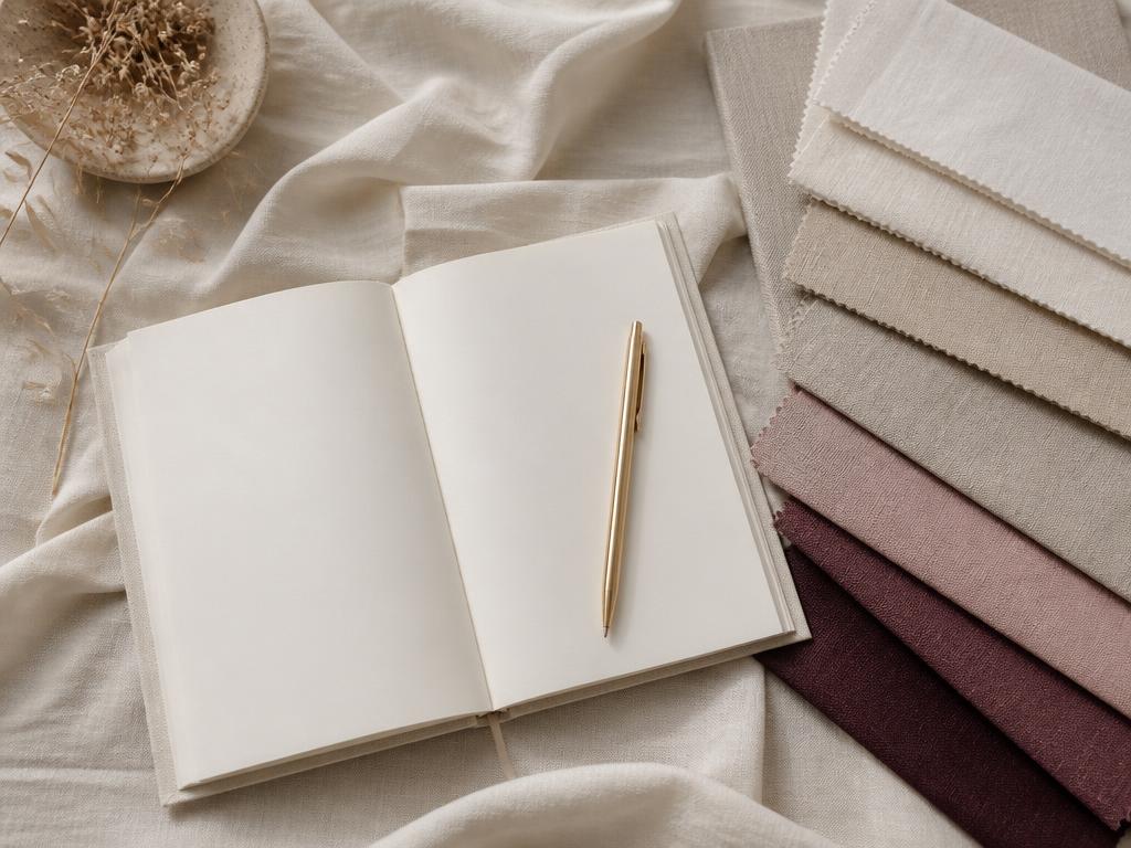 Neutral linen journal with cream, taupe, blush and plum fabric swatches