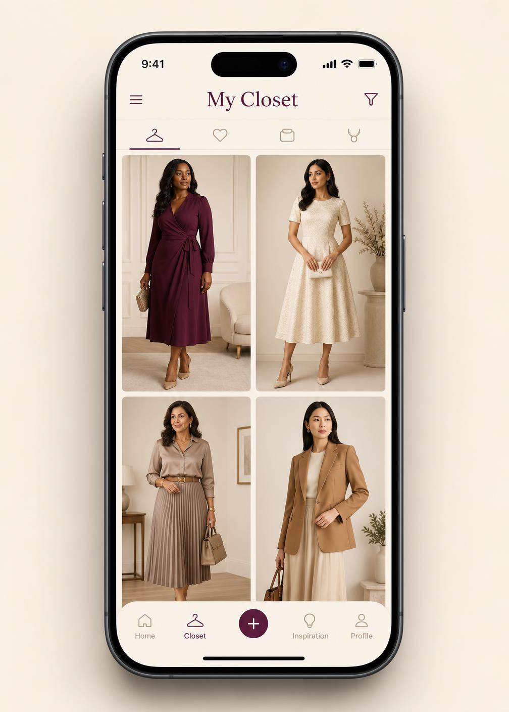 Styling Confidence closet screen on a phone showing a grid of elegant looks