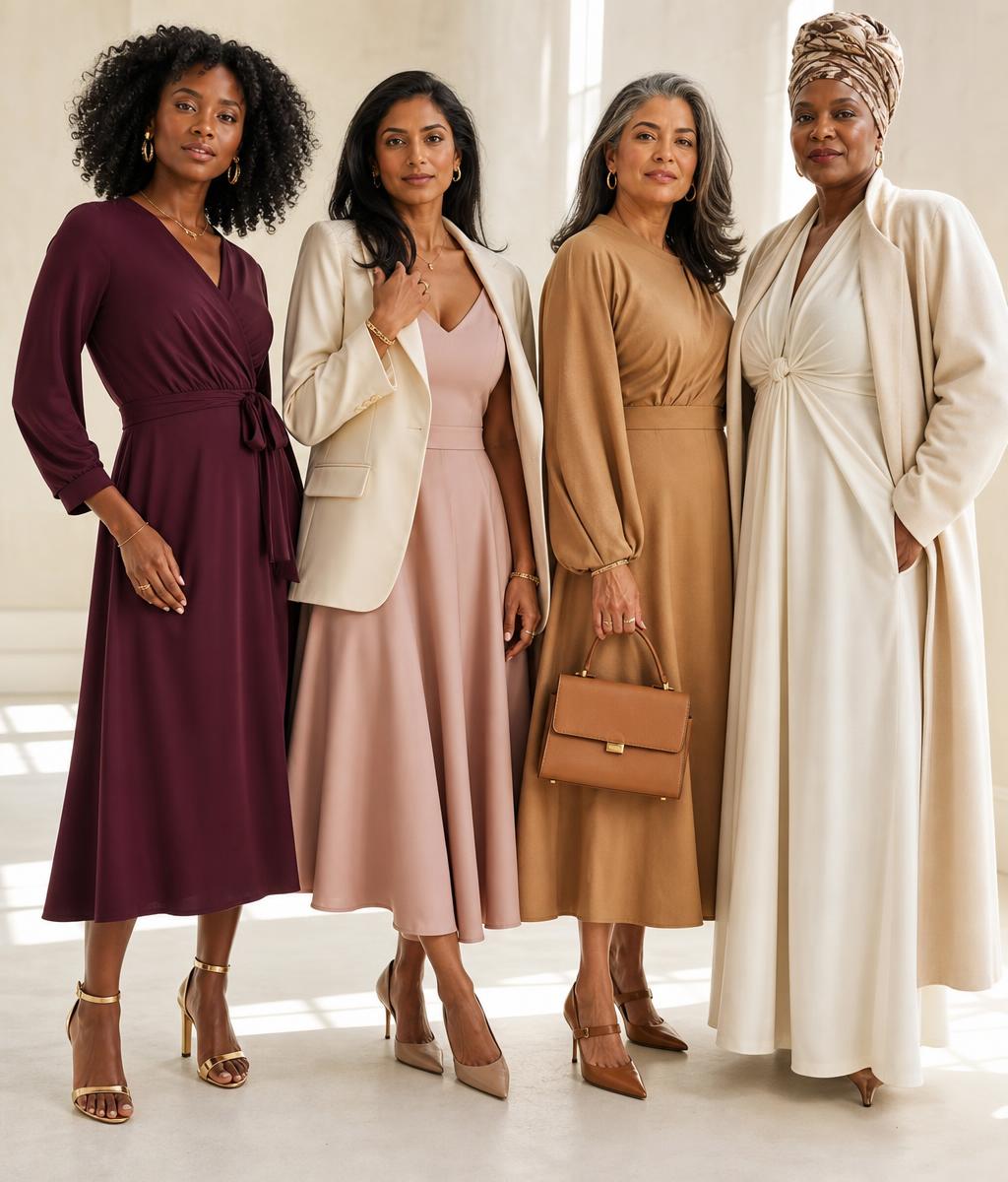 Women in elegant below-the-knee dresses, tailored blazers and coordinated accessories